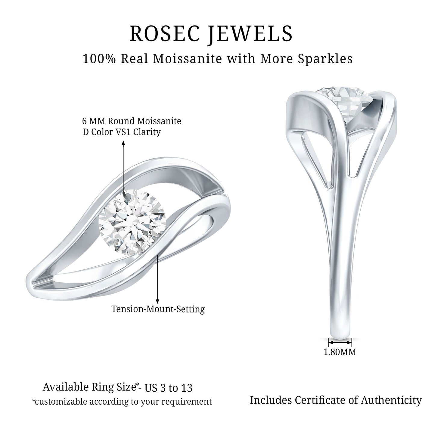 Certified 0.98 Carat Round Moissanite Solitaire Ring with Tension Setting