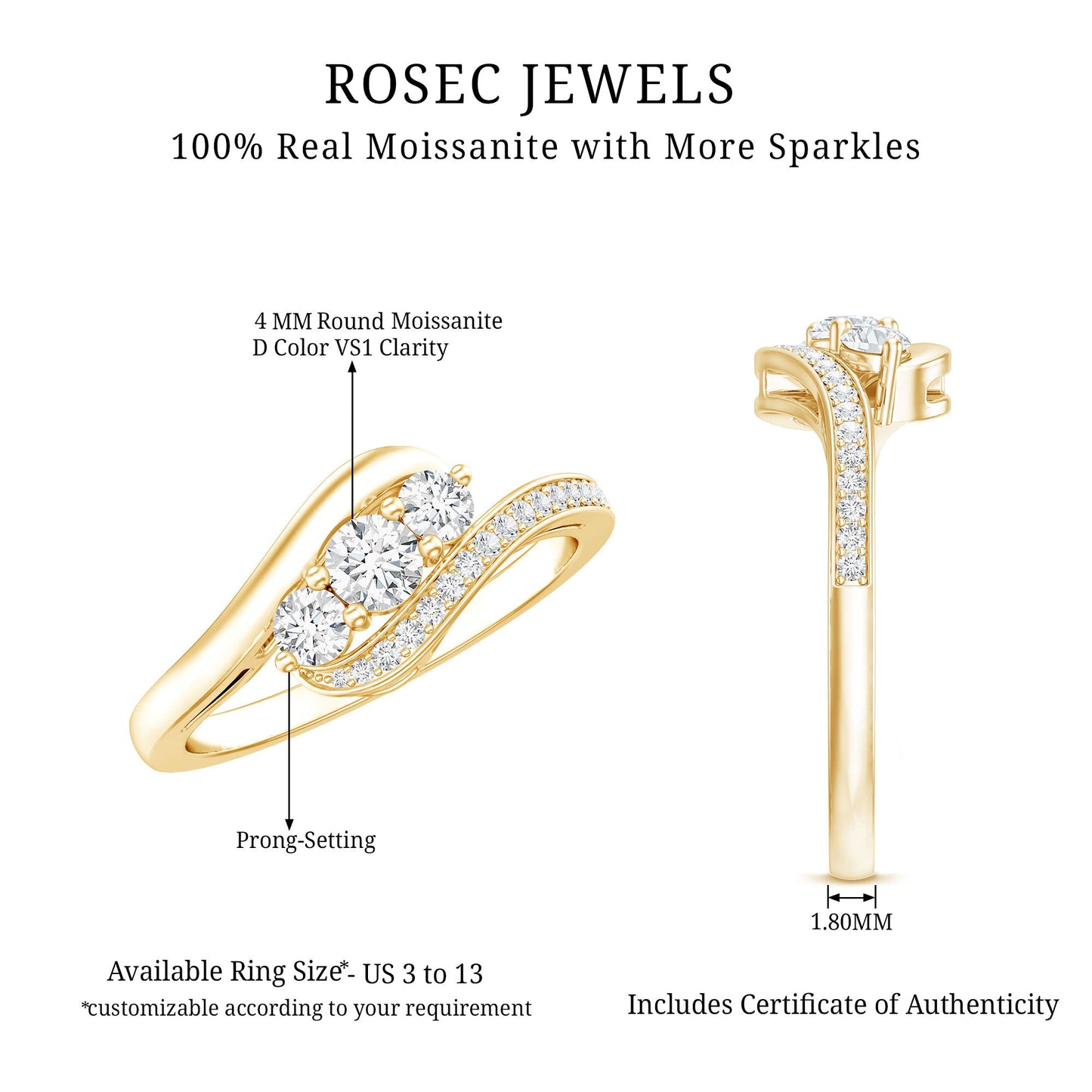Certified Moissanite Three Stone Engagement Ring with Bypass Shank
