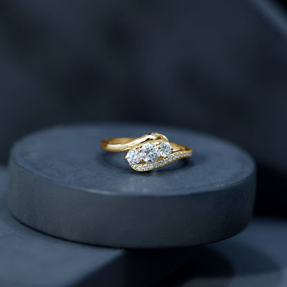 Certified Moissanite Three Stone Engagement Ring with Bypass Shank