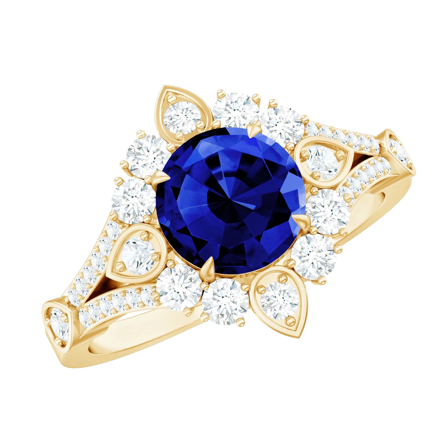 Certified 2.7 Carat Lab Grown Blue Sapphire Flower Engagement Ring with Diamond