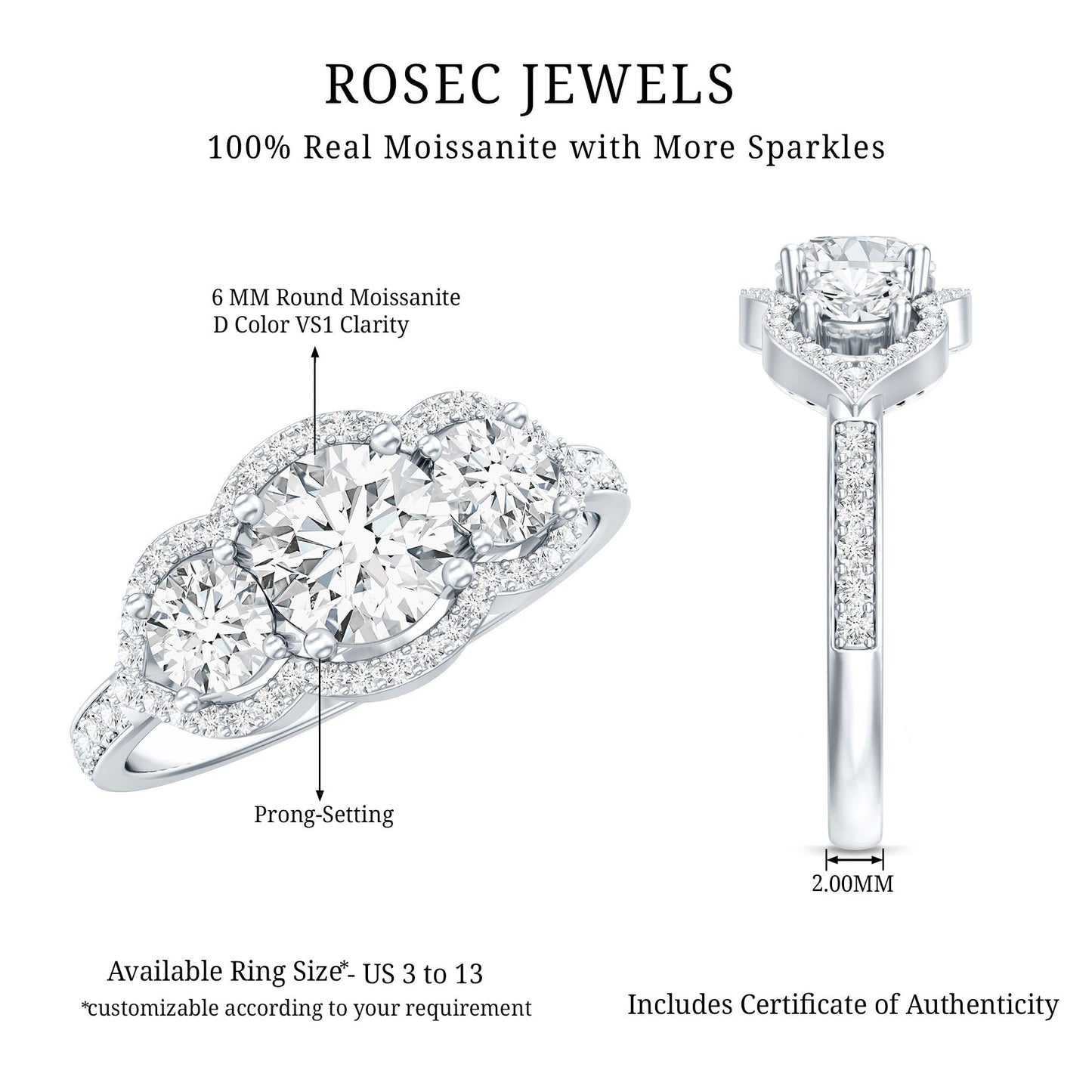 Certified Moissanite Three Stone Statement Engagement Ring