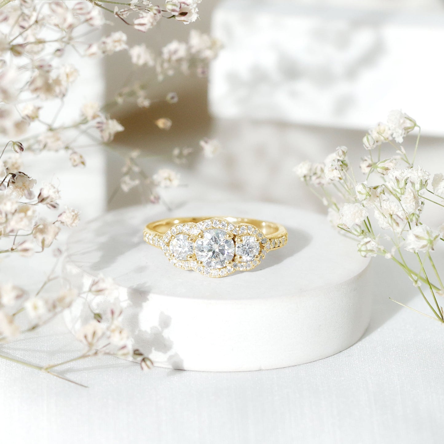 Certified Moissanite Three Stone Statement Engagement Ring