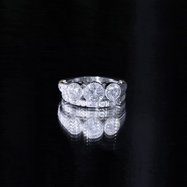 Vintage Inspired Moissanite 3 Stone Wedding Ring Set