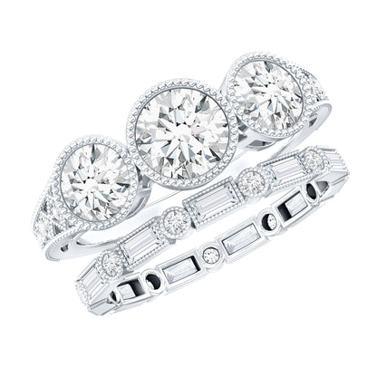 Vintage Inspired Moissanite 3 Stone Wedding Ring Set