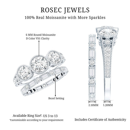 Vintage Inspired Moissanite 3 Stone Wedding Ring Set