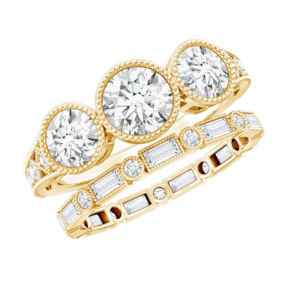 Vintage Inspired Moissanite 3 Stone Wedding Ring Set
