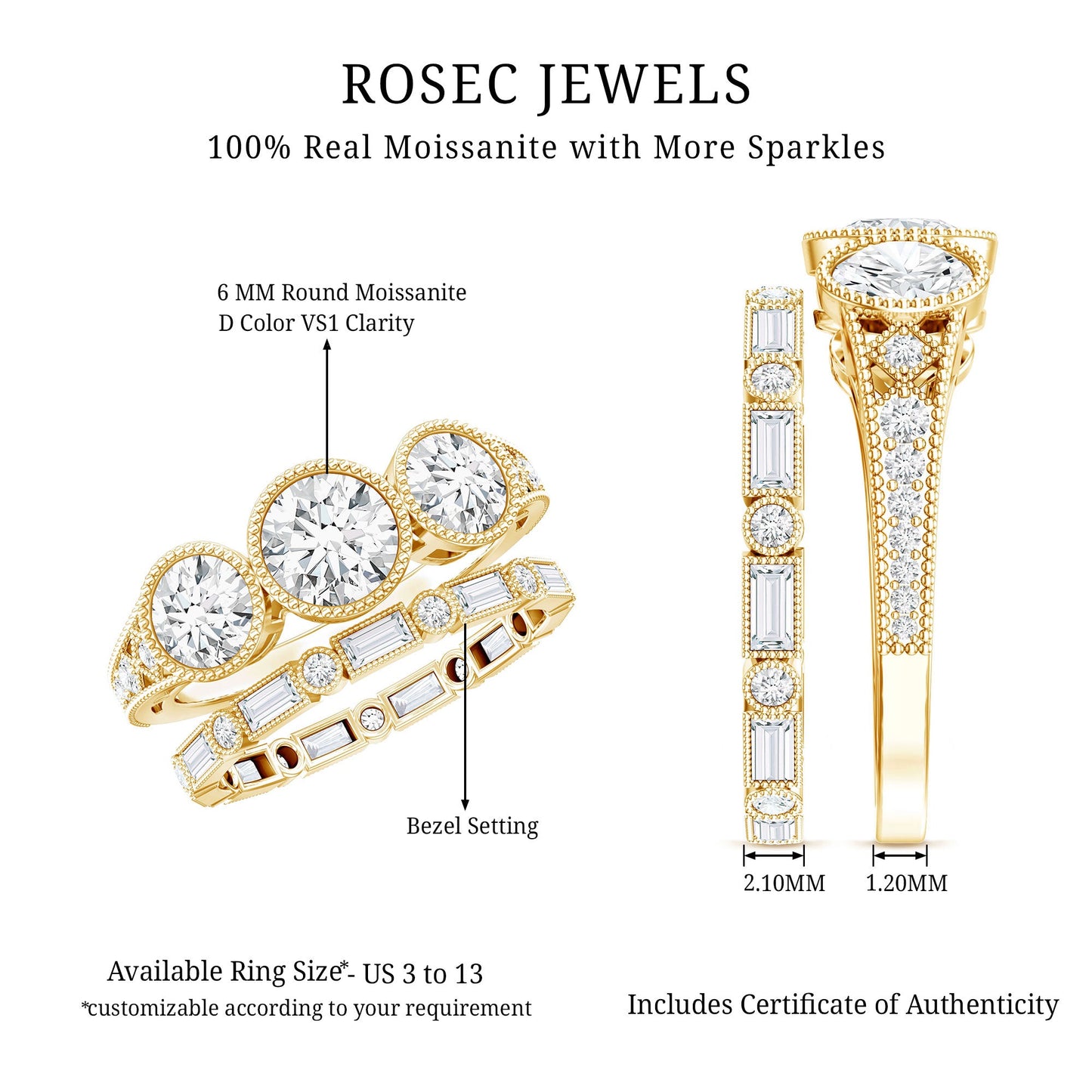 Vintage Inspired Moissanite 3 Stone Wedding Ring Set