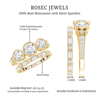 Vintage Inspired Moissanite 3 Stone Wedding Ring Set