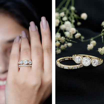 Vintage Inspired Moissanite 3 Stone Wedding Ring Set