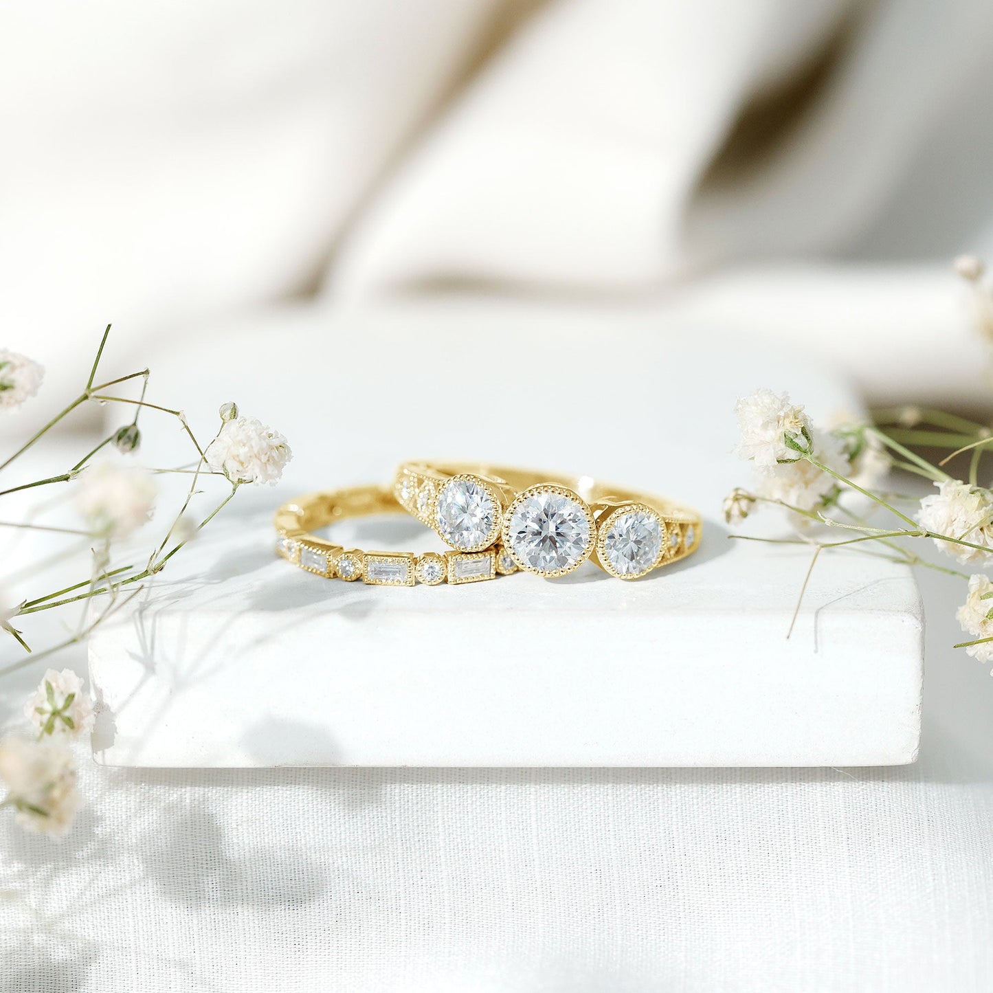 Vintage Inspired Moissanite 3 Stone Wedding Ring Set