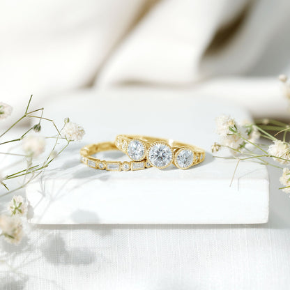 Vintage Inspired Moissanite 3 Stone Wedding Ring Set