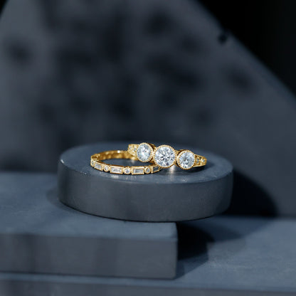 Vintage Inspired Moissanite 3 Stone Wedding Ring Set