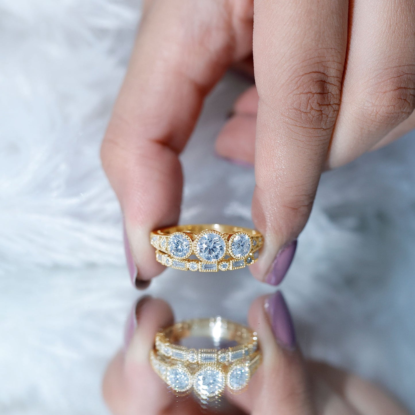 Vintage Inspired Moissanite 3 Stone Wedding Ring Set