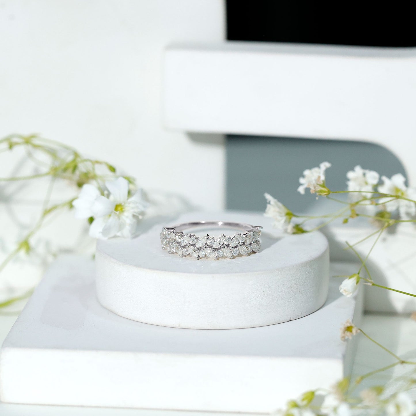 Marquise and Round Moissanite Half Eternity Ring