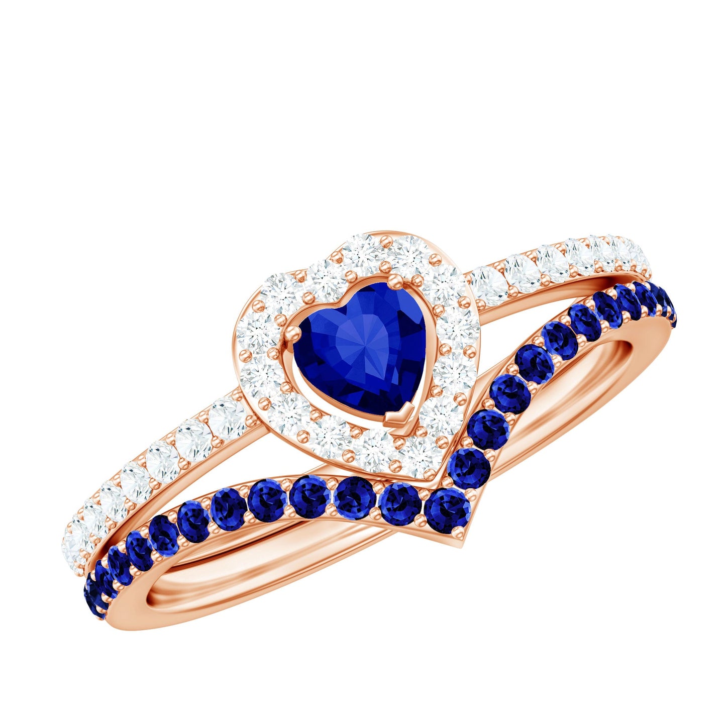 Certified Lab Grown Blue Sapphire Heart Engagement Ring Set with Real Diamond
