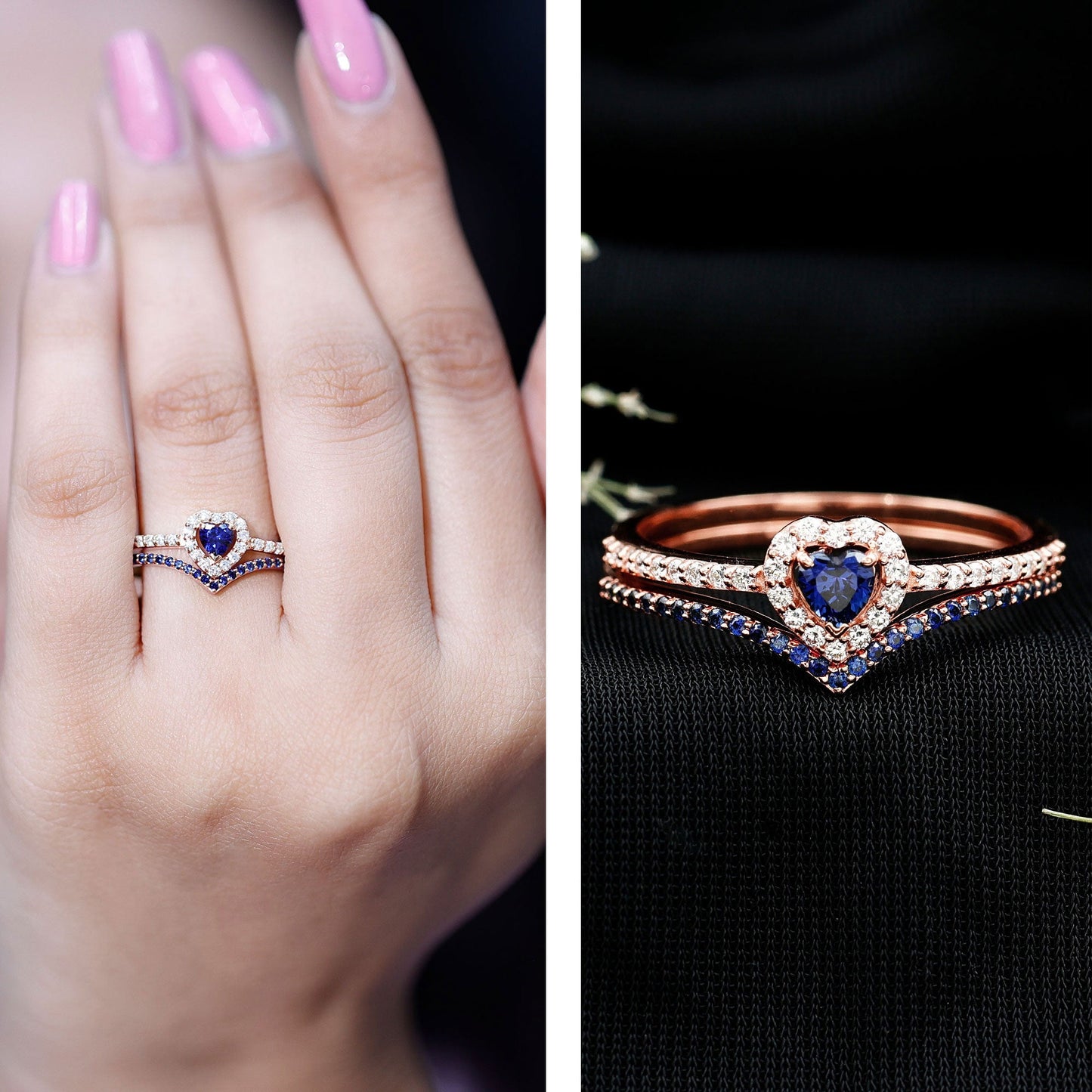Certified Lab Grown Blue Sapphire Heart Engagement Ring Set with Real Diamond