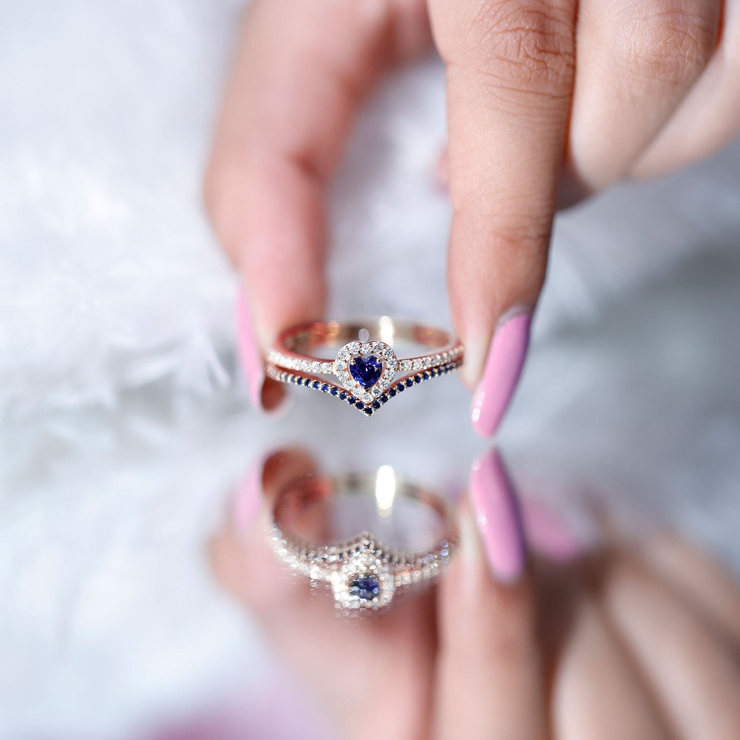 Certified Lab Grown Blue Sapphire Heart Engagement Ring Set with Real Diamond