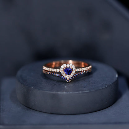 Certified Lab Grown Blue Sapphire Heart Engagement Ring Set with Real Diamond