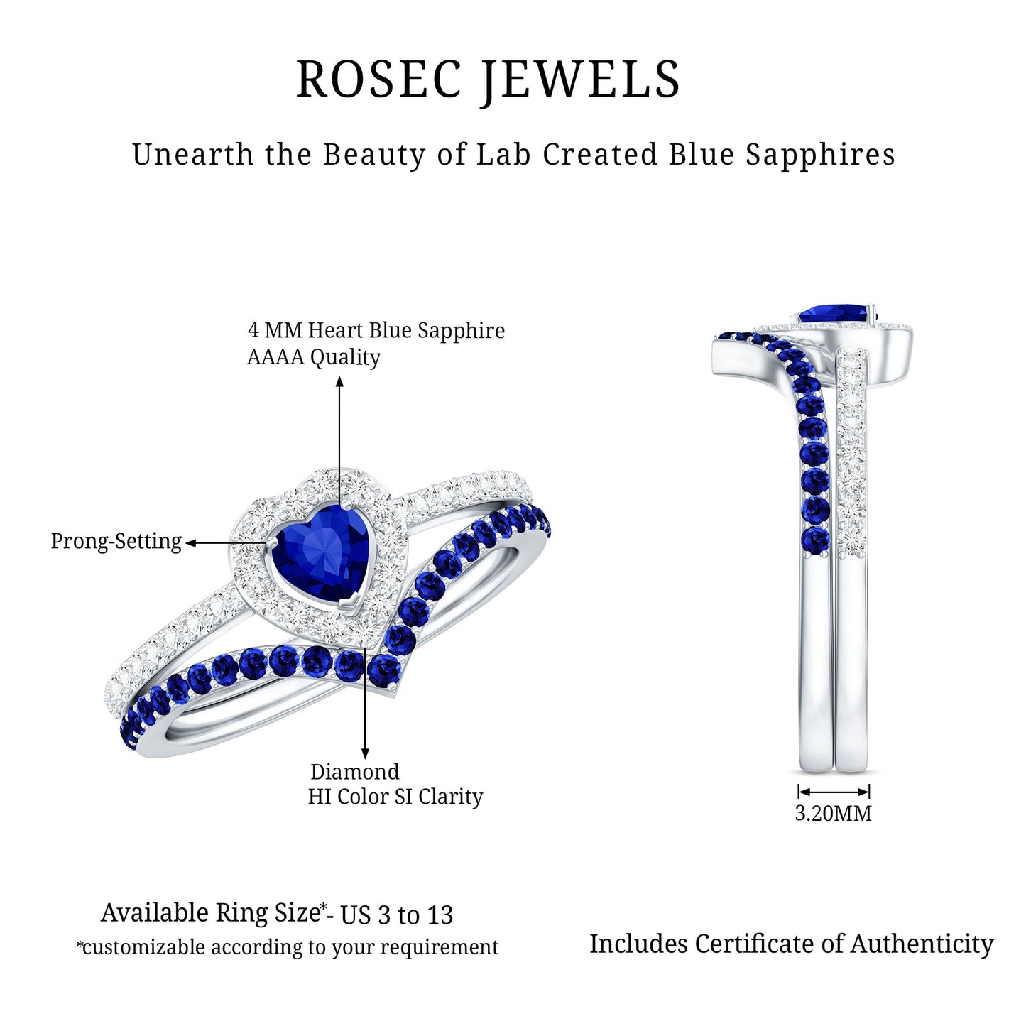 Certified Lab Grown Blue Sapphire Heart Engagement Ring Set with Real Diamond
