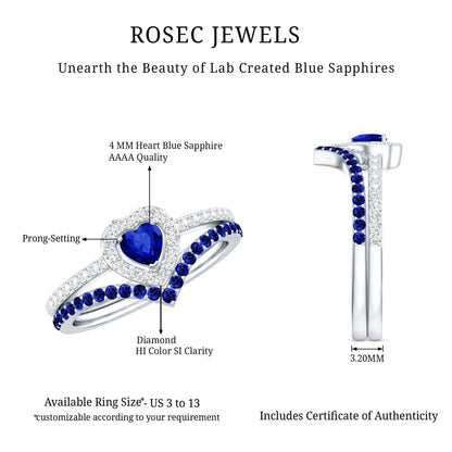 Certified Lab Grown Blue Sapphire Heart Engagement Ring Set with Real Diamond