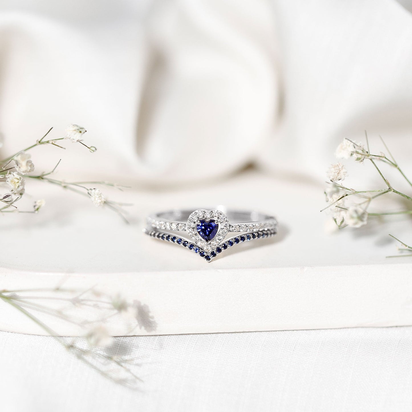 Certified Lab Grown Blue Sapphire Heart Engagement Ring Set with Real Diamond