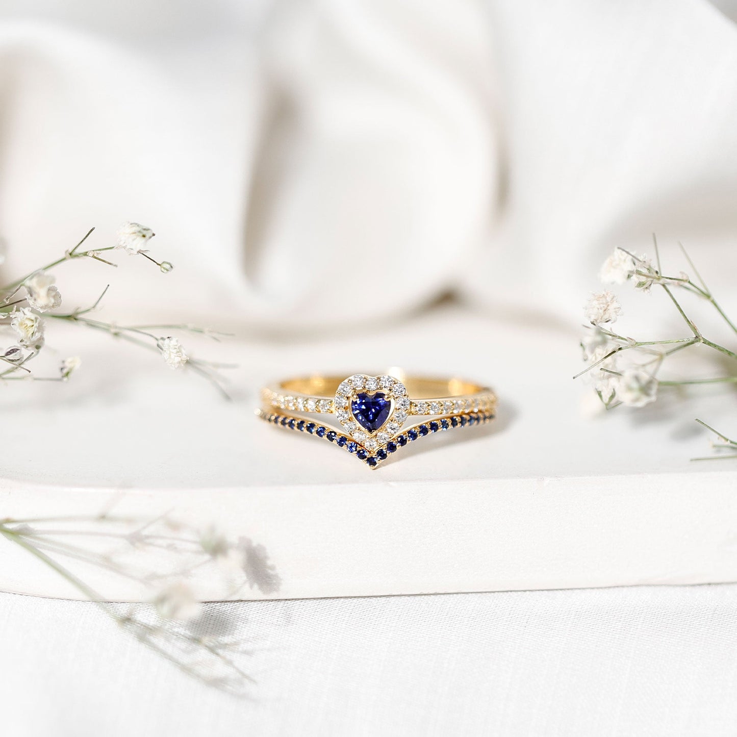 Certified Lab Grown Blue Sapphire Heart Engagement Ring Set with Real Diamond