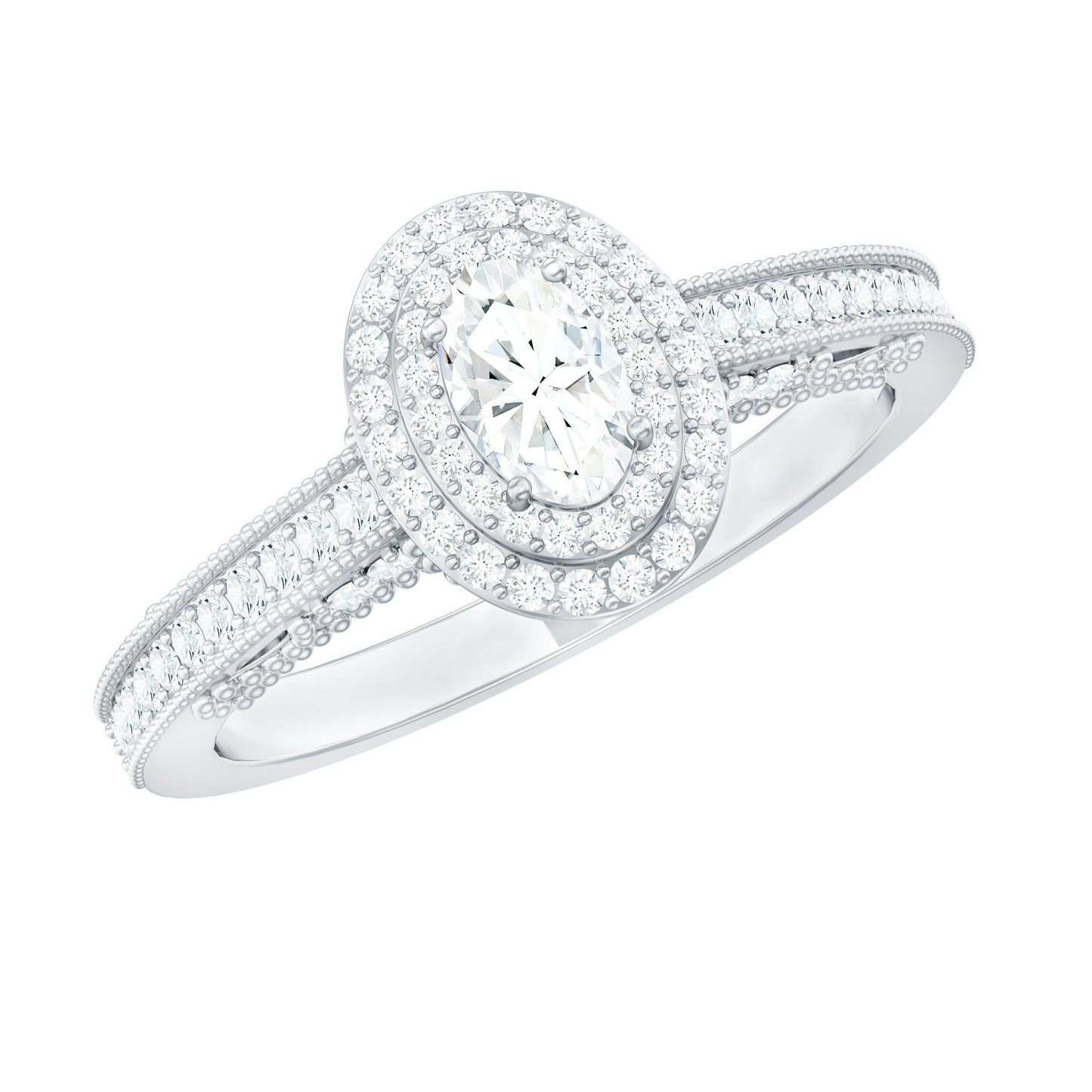 Diamond Double Halo Engagement Ring with Beaded Detailing