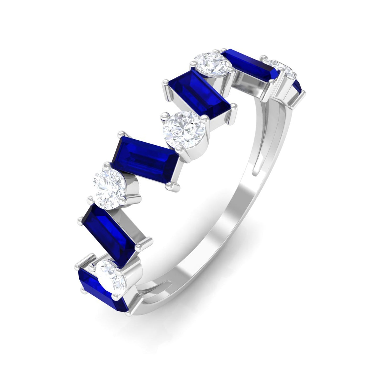 Genuine Baguette Blue Sapphire Half Eternity Ring with Diamond