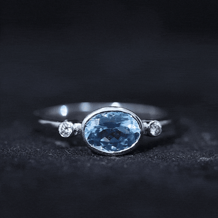 Bezel Set Aquamarine and Diamond East West Engagement Ring