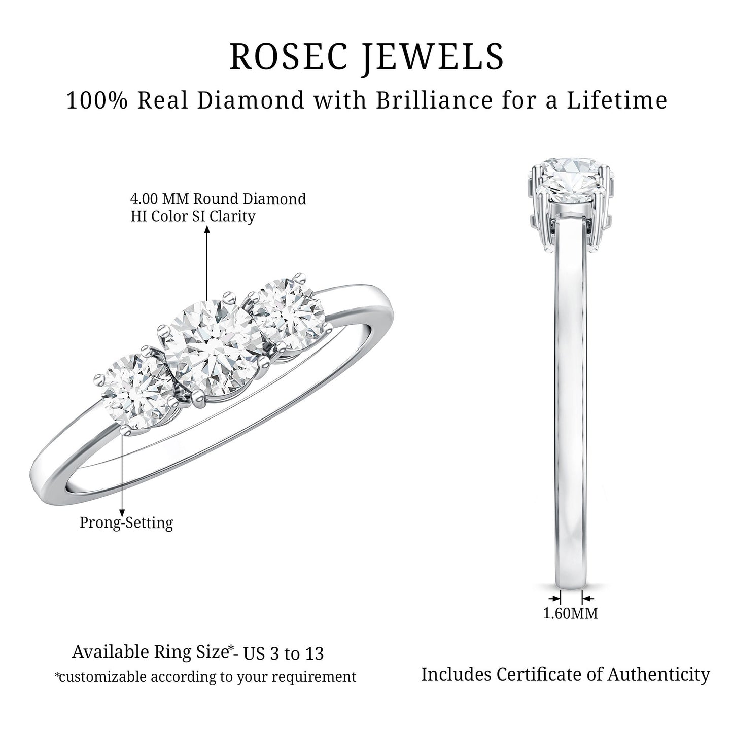 Natural Diamond 3 Stone Engagement Ring with Certificate