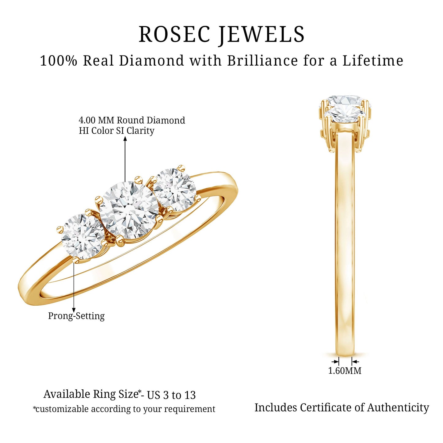 Natural Diamond 3 Stone Engagement Ring with Certificate