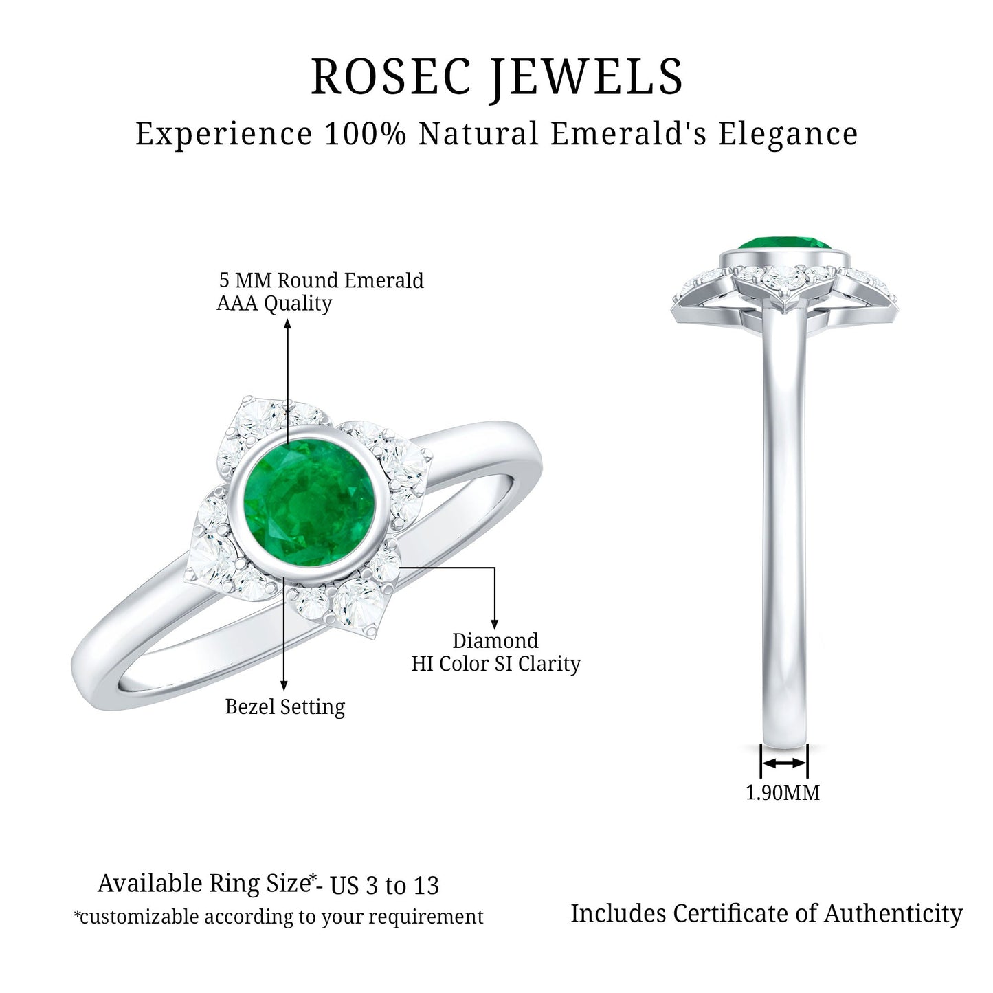 Natural Bezel Set 0.4 Carat Emerald Flower Engagement Ring with Diamond