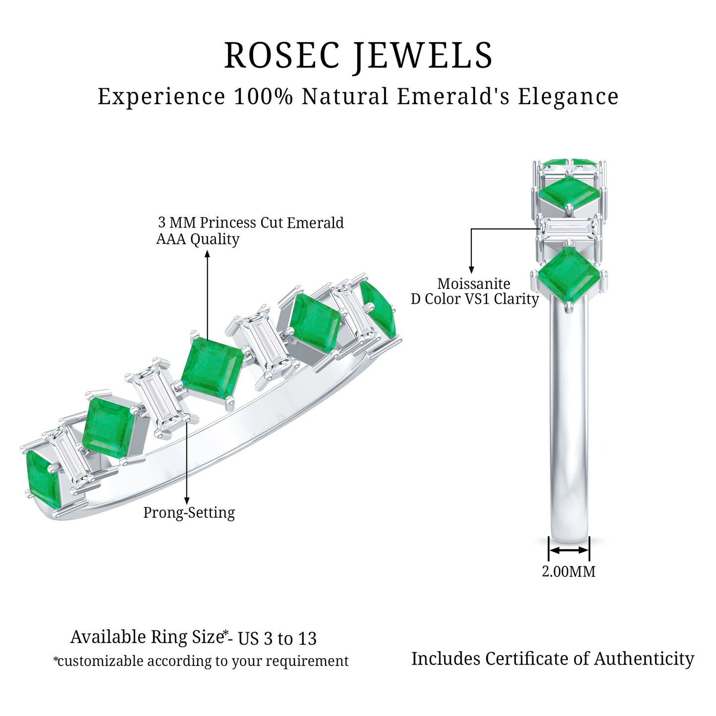 Certified Real Princess Cut Emerald Half Eternity Anniversary Ring
