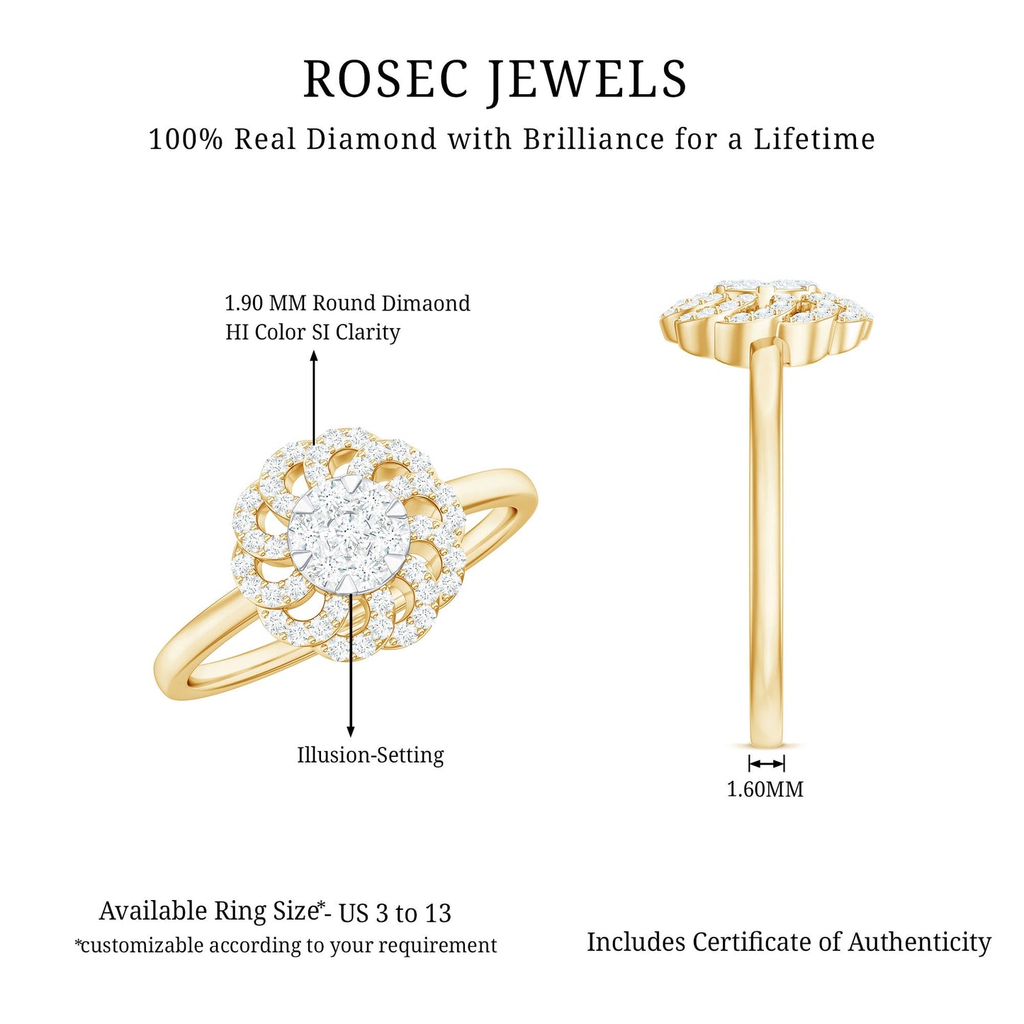 Certified Natural Diamond Flower Engagement Ring in Illusion Set
