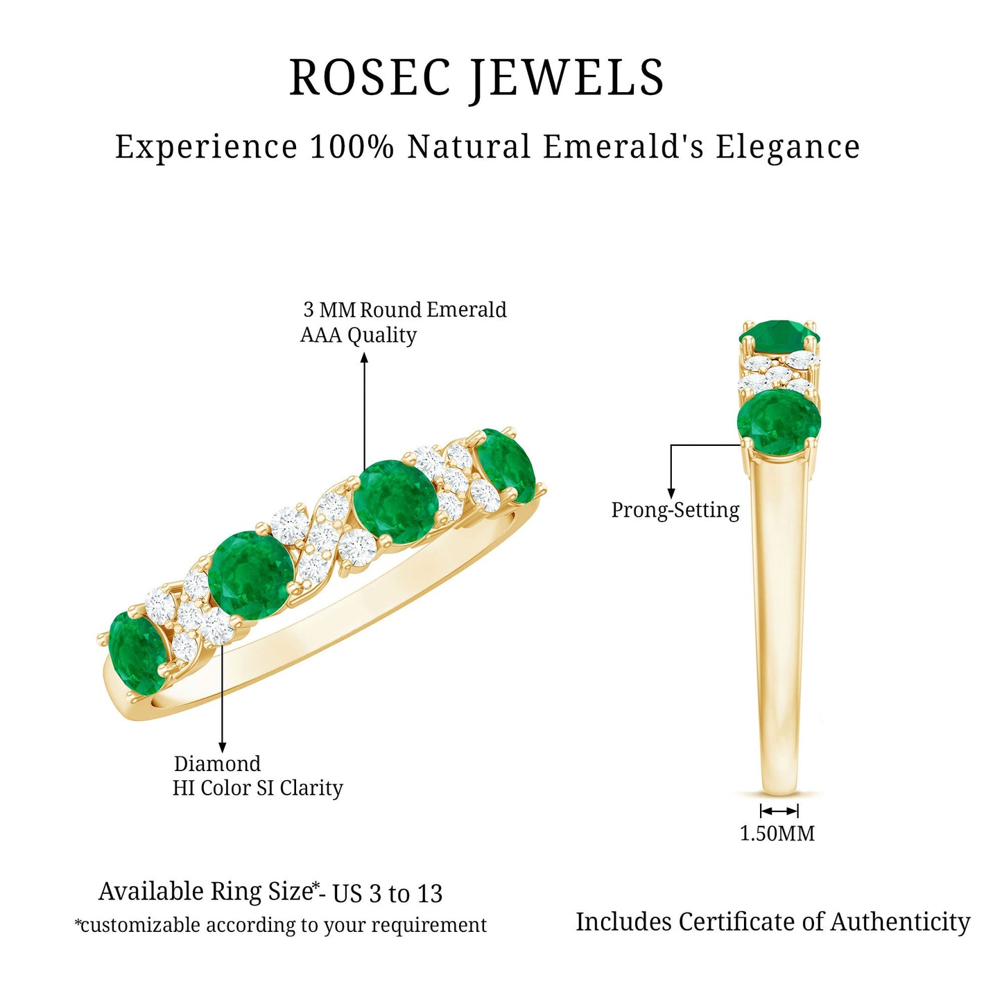 Natural Emerald Diamond Half Eternity Anniversary Band with Certificate