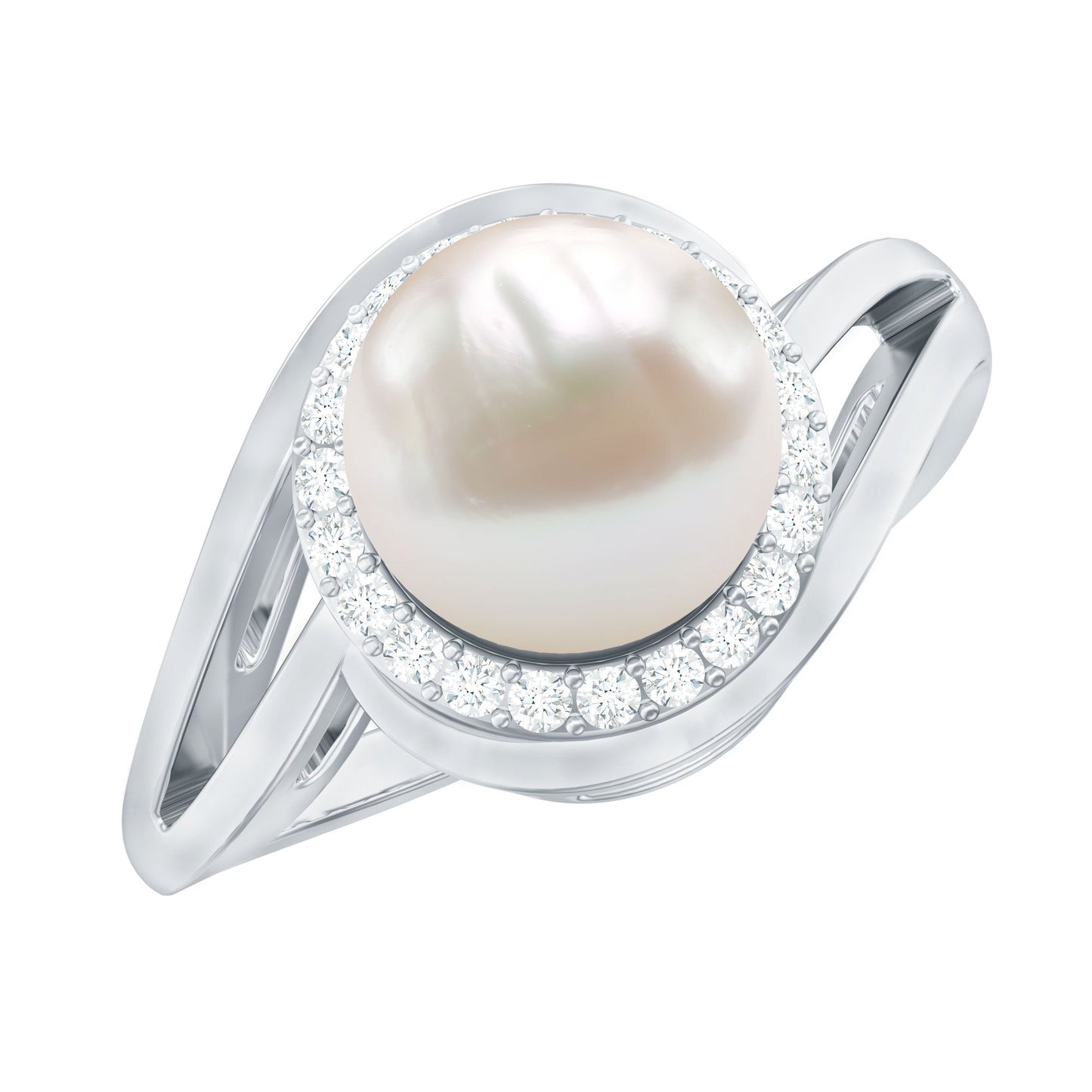 Cultured White 7.4 Carat Freshwater Pearl Diamond Engagement Ring with Bypass Shank