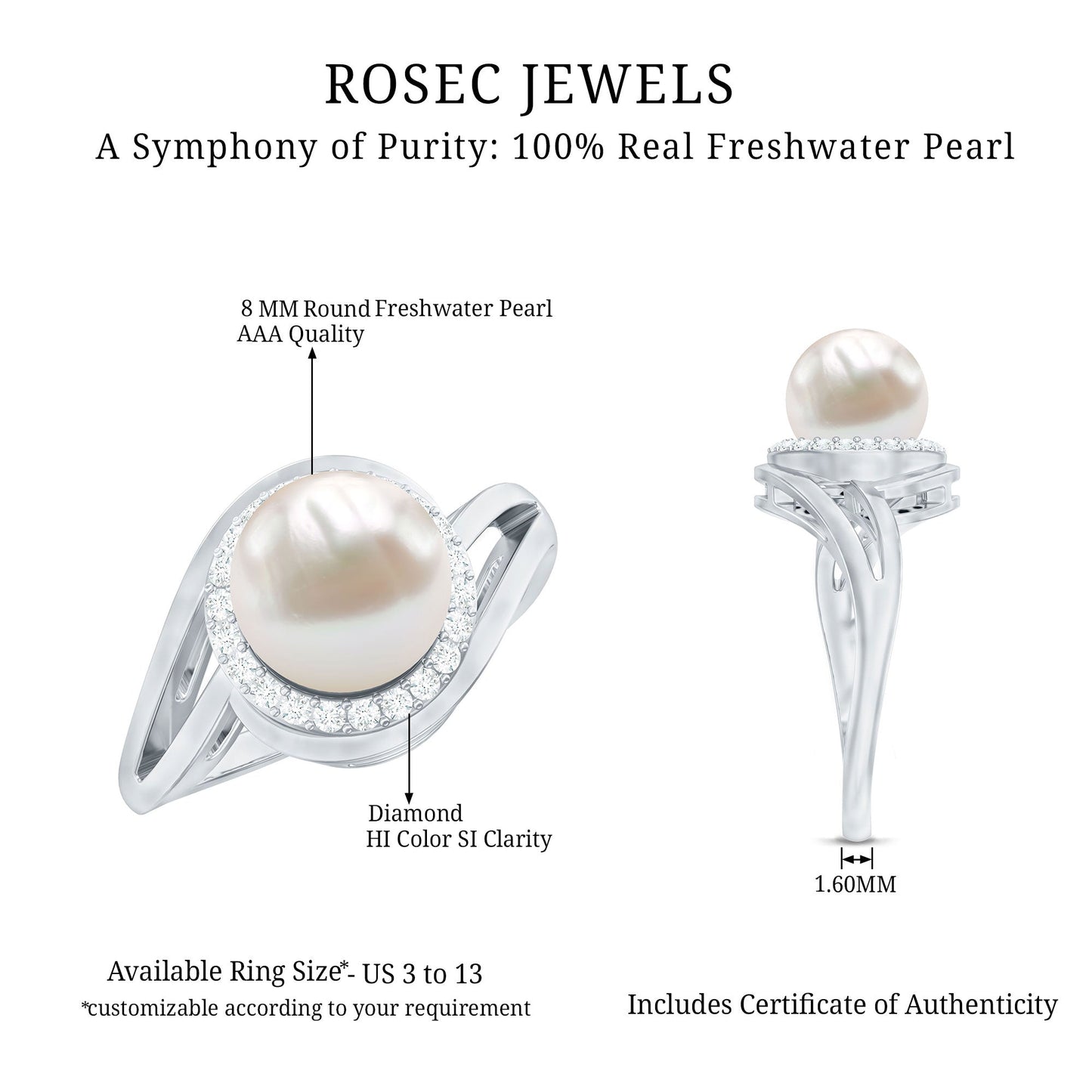 Cultured White 7.4 Carat Freshwater Pearl Diamond Engagement Ring with Bypass Shank