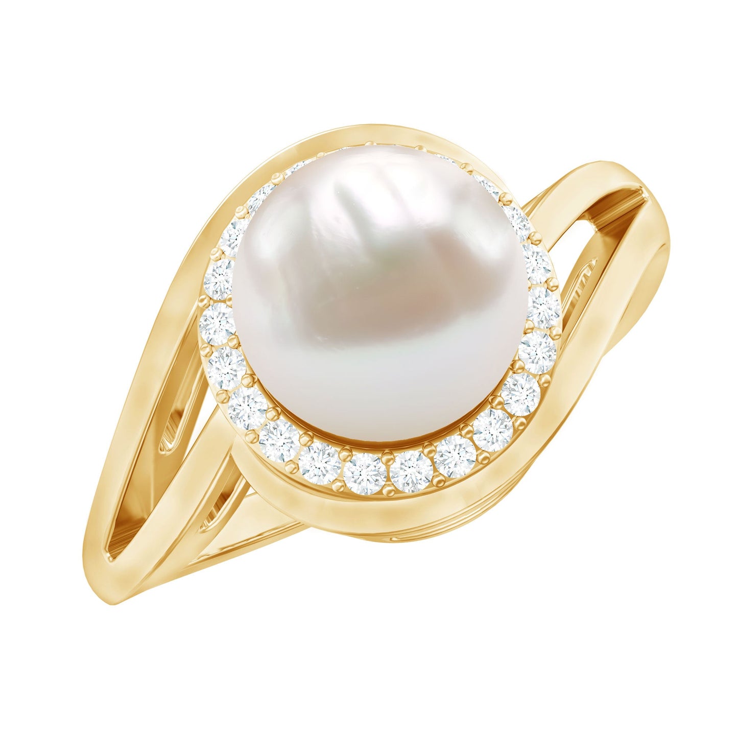 Cultured White 7.4 Carat Freshwater Pearl Diamond Engagement Ring with Bypass Shank