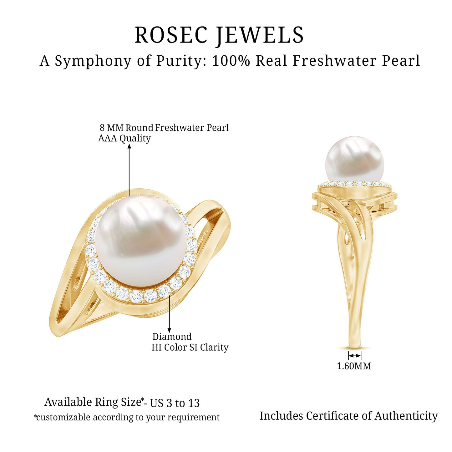 Cultured White 7.4 Carat Freshwater Pearl Diamond Engagement Ring with Bypass Shank