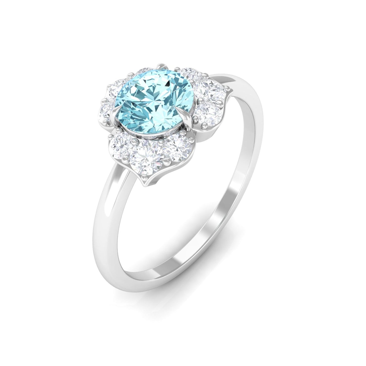 Real Round Aquamarine and Diamond Flower Engagement Ring with Certificate