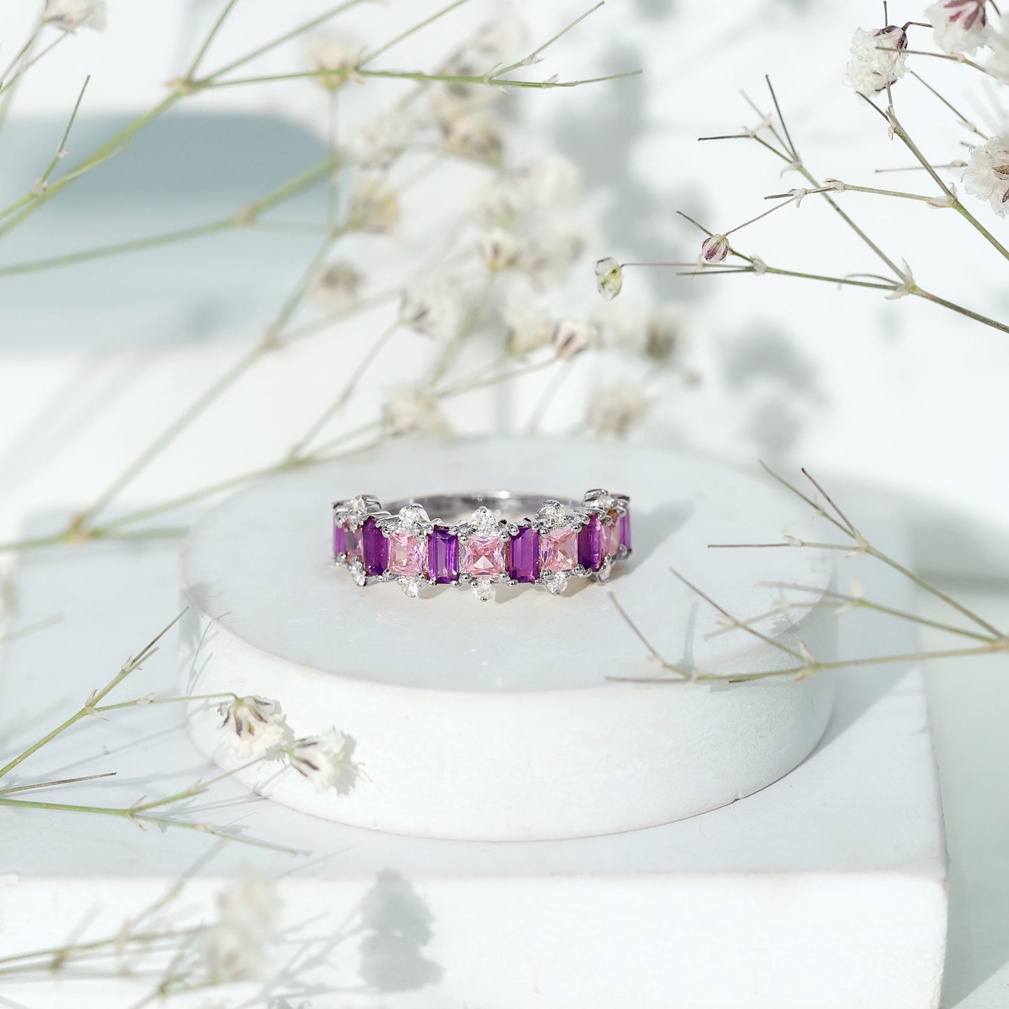 Lab Created Pink Sapphire and Amethyst Half Eternity Band with Diamond