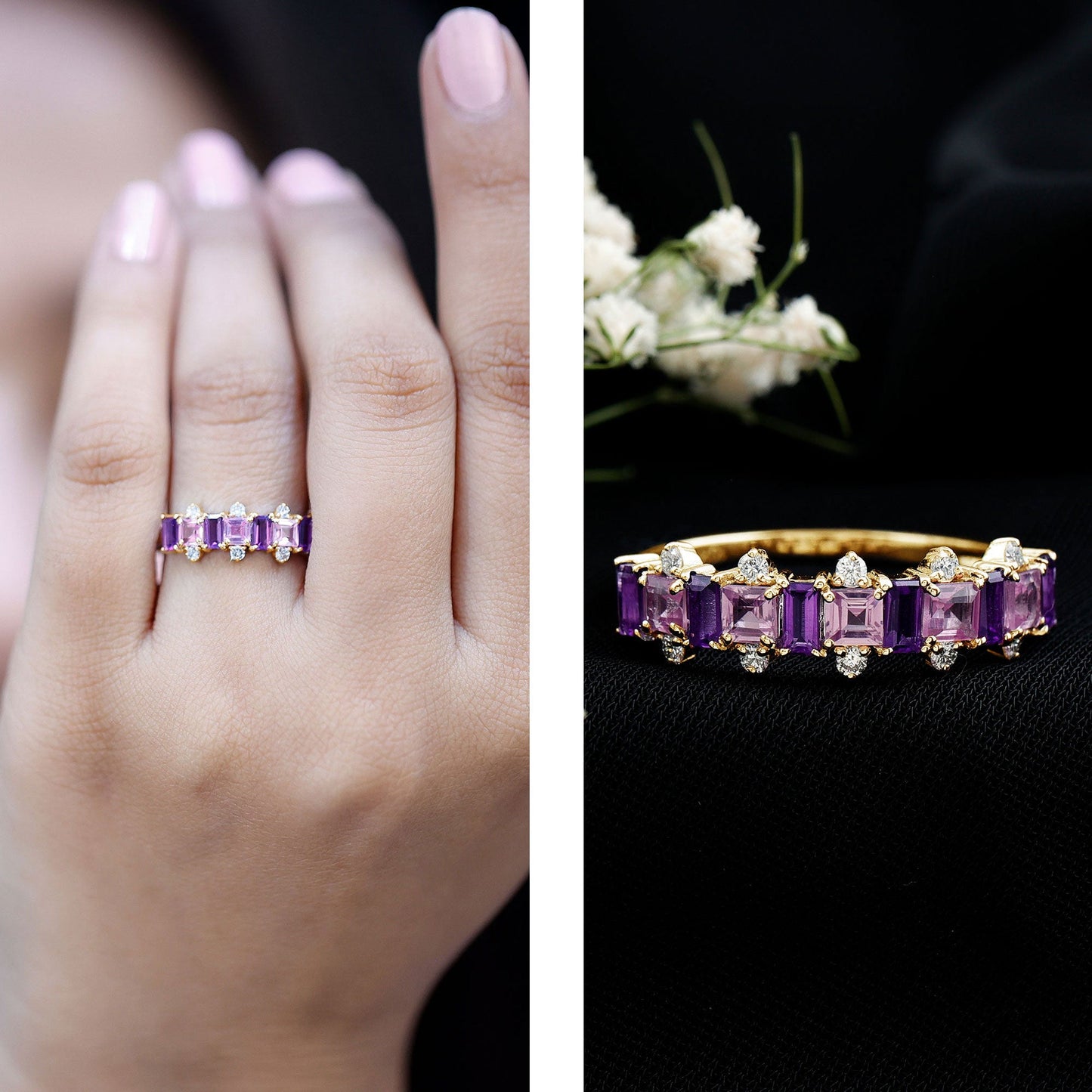Lab Created Pink Sapphire and Amethyst Half Eternity Band with Diamond
