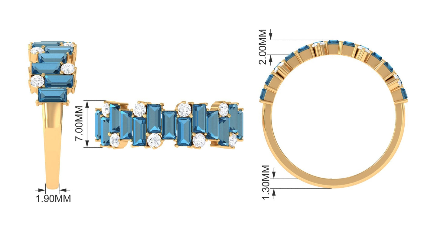 Baguette London Blue Topaz Uneven Eternity Ring with Diamond