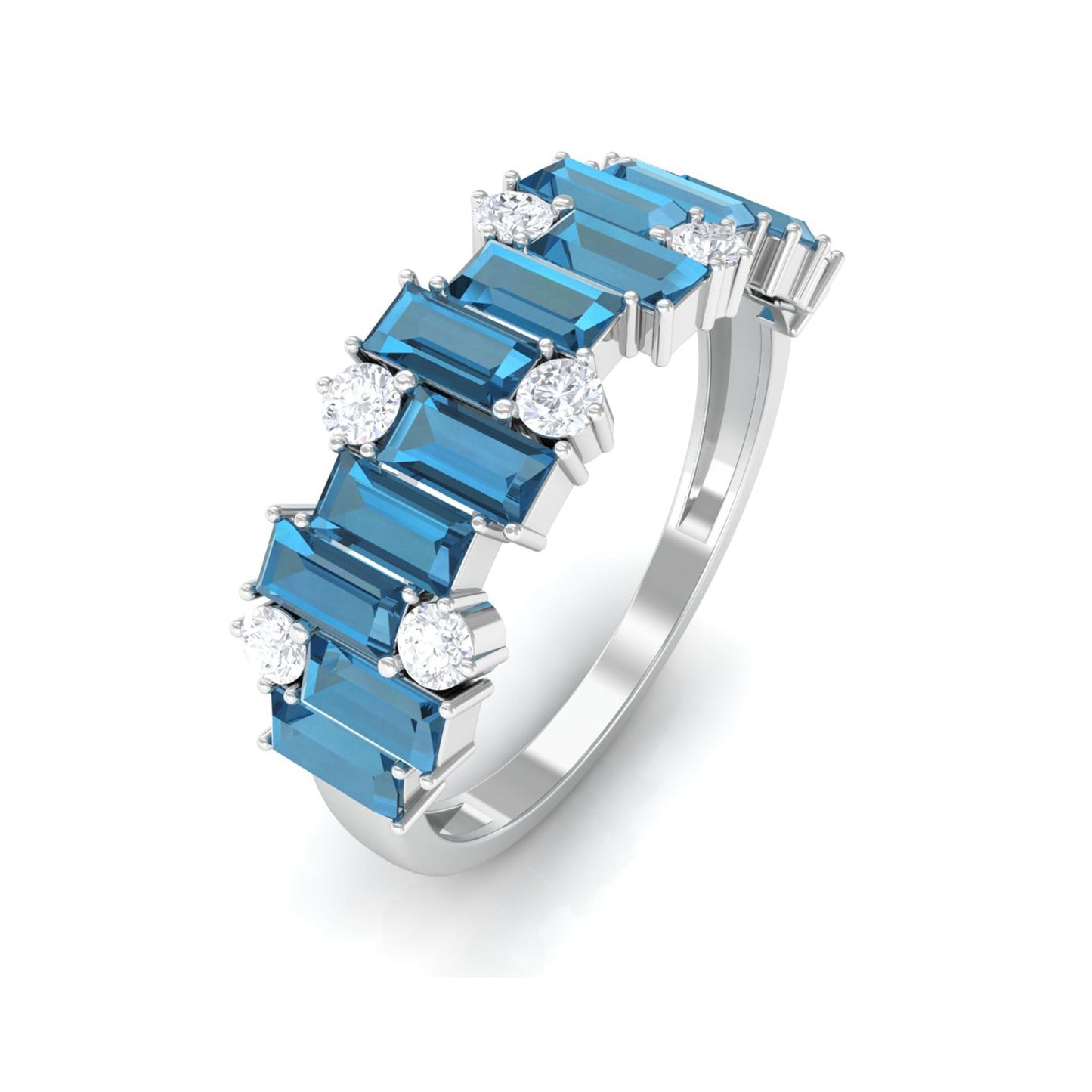 Baguette London Blue Topaz Uneven Eternity Ring with Diamond