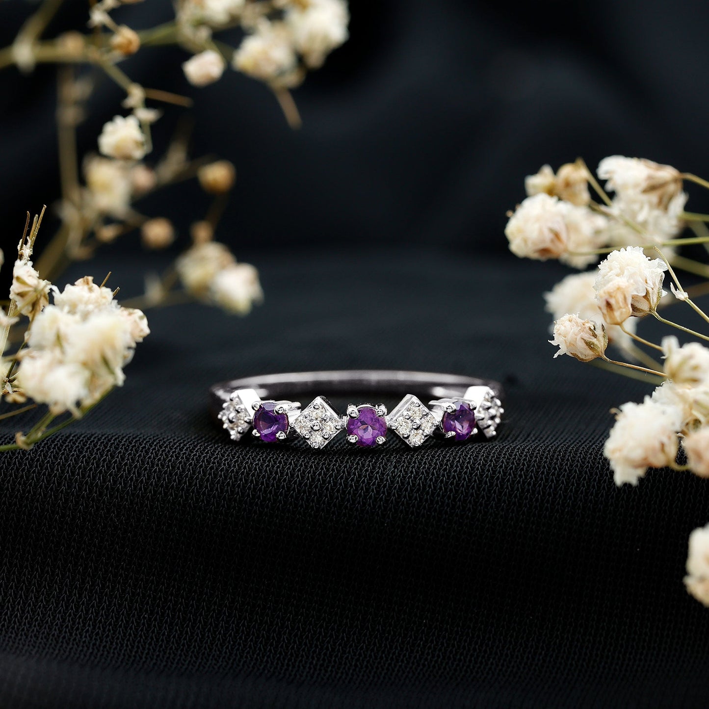 Real Amethyst Half Eternity Ring with Diamond for Women