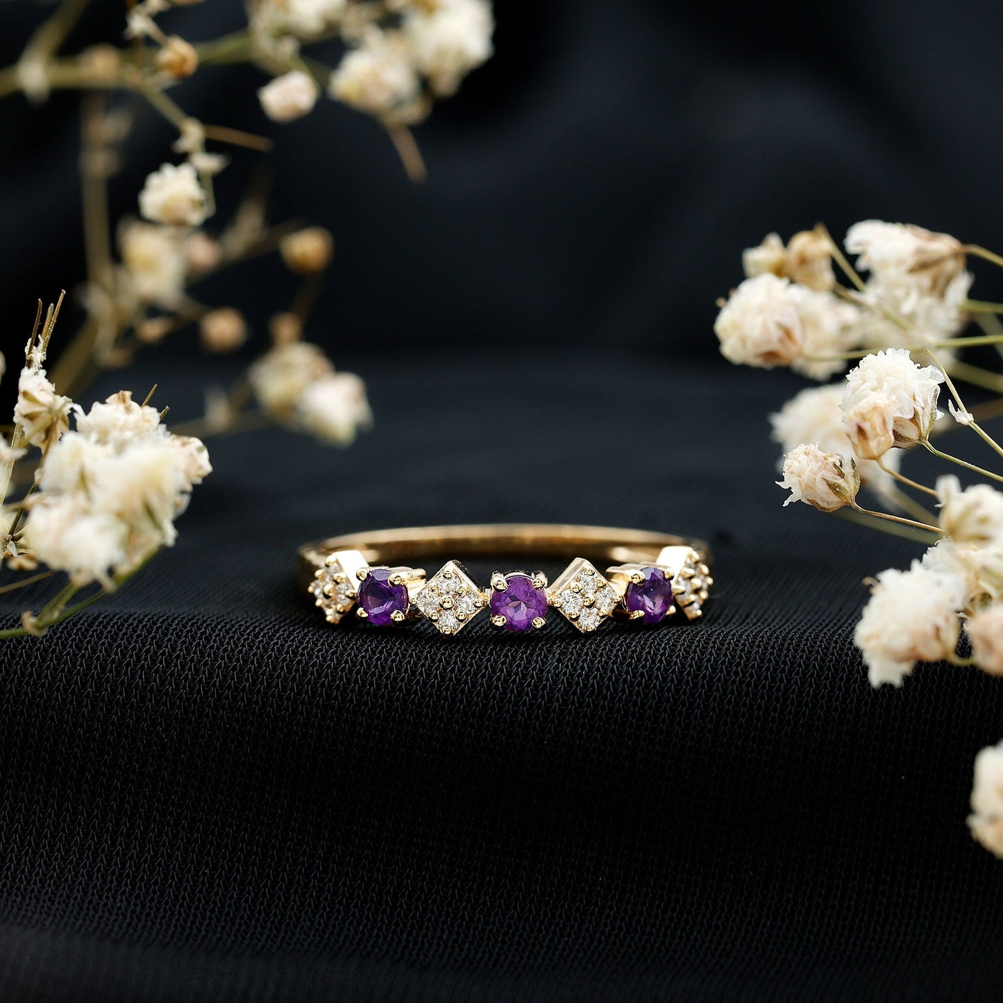 Real Amethyst Half Eternity Ring with Diamond for Women