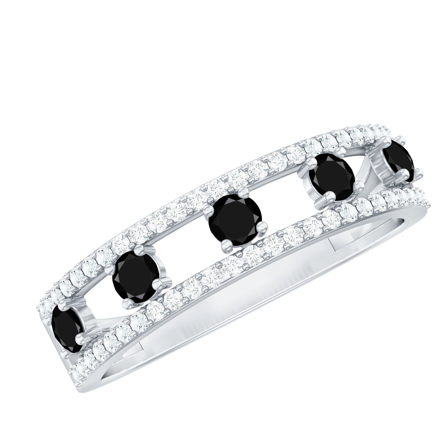 Round Cut Black Onyx and Diamond Half Eternity Band Ring