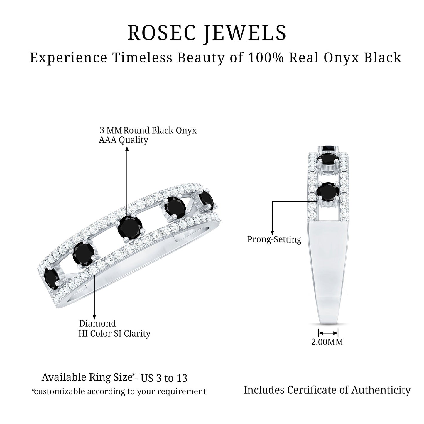 Round Cut Black Onyx and Diamond Half Eternity Band Ring