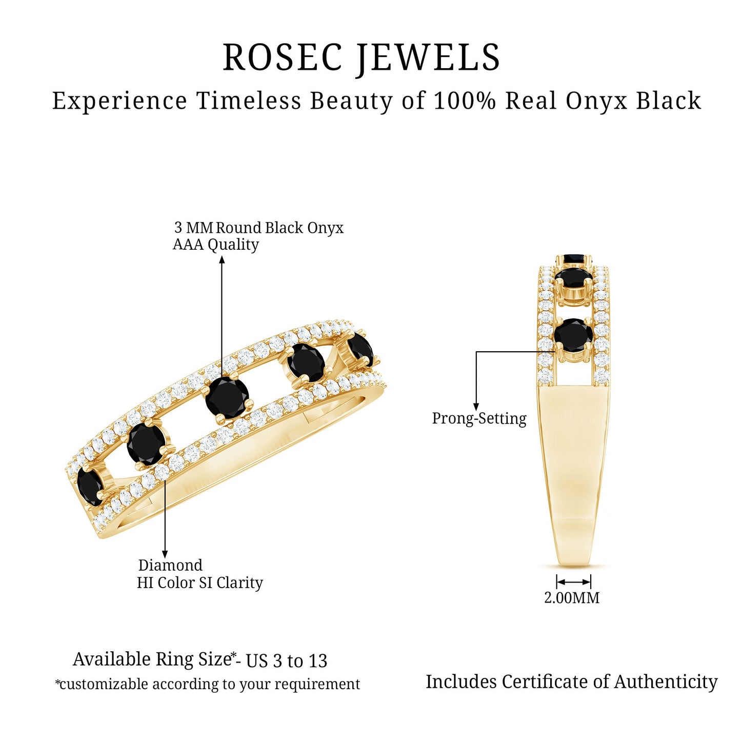 Round Cut Black Onyx and Diamond Half Eternity Band Ring