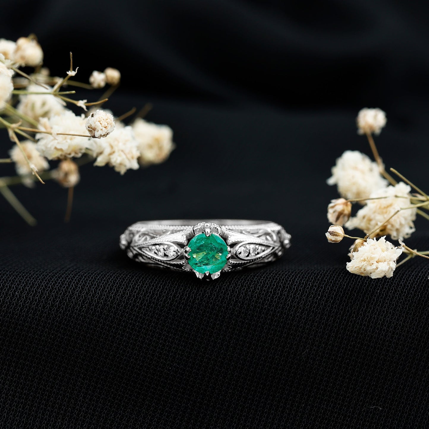 Natural Emerald Diamond Antique Looking Engagement Ring